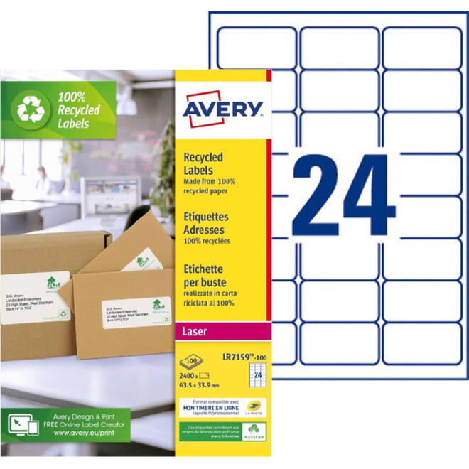 Etiket Avery LR7159-100 33.9x63.5mm recycled wit 2400stuks