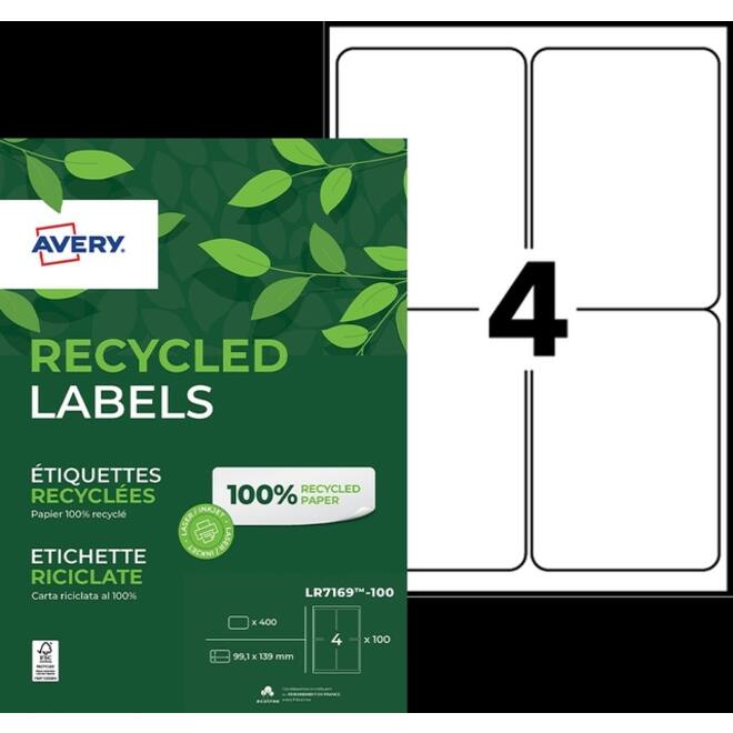 Etiket Avery LR7169-100 99.1x139 mm recycled wit 400stuks