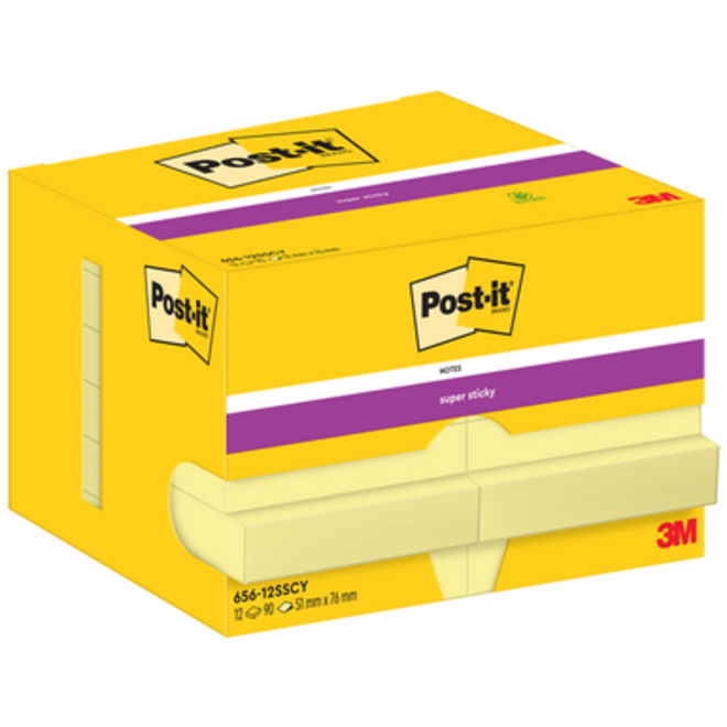 Memoblok Post-it 656 Super Sticky 51x76mm geel 12 stuks