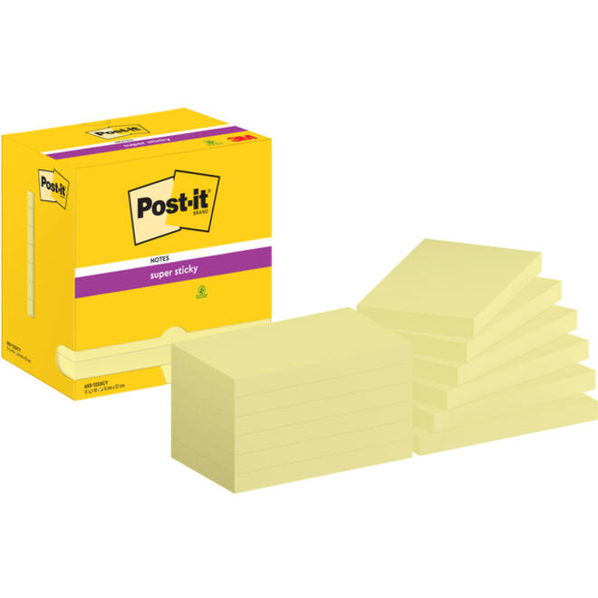 Memoblok Post-it 655 Super Sticky 76x127mm Canary yellow 12 stuks