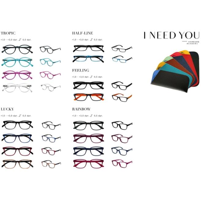 Leesbril I Need You Tropic/Lucky/Half-line/Feeling/Rainbow assorti doos à 80 brillen en hoesjes