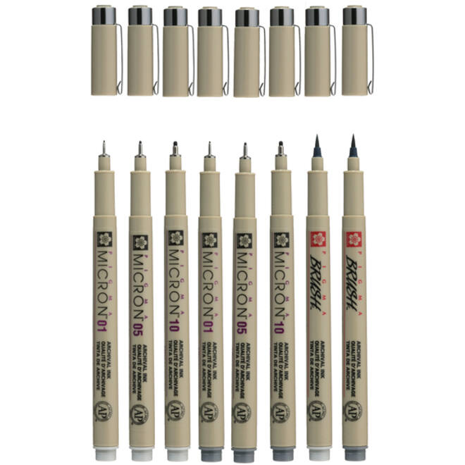 Fineliner en brushpen Sakura Pigma Micron koudgrijs set à 8 stuks assorti