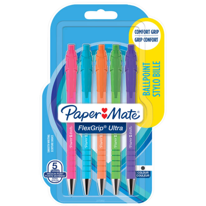 Balpen Paper Mate Flexgrip drukknop Bright fun medium schrijfkleur zwart blister à 5 stuks