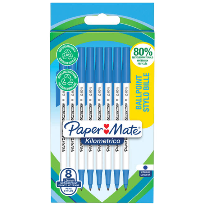 Balpen Paper Mate Kilometrico Recycled medium blauw blister à 8 stuks