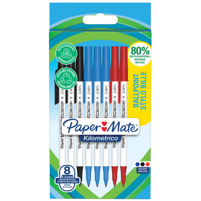 Balpen Paper Mate Kilometrico Recycled medium assorti blister à 8 stuks