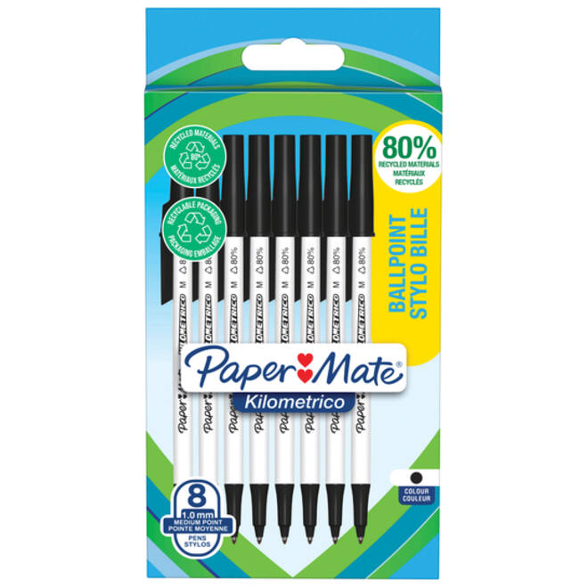 Balpen Paper Mate Kilometrico Recycled medium zwart blister à 8 stuks
