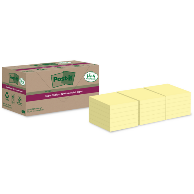 Memoblok Post-it 654 RSS12CY 76x76mm geel 14+4 gratis