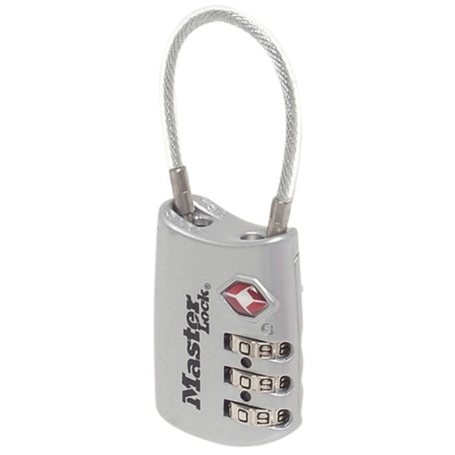 Hangslot Masterlock 3-cijfer combinatie TSA met kabel assorti in willekeurige kleur 30mm