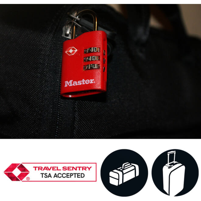 Hangslot Masterlock 3-cijfer combi TSA set van 2 sloten assorti in willekeurige kleur 30mm