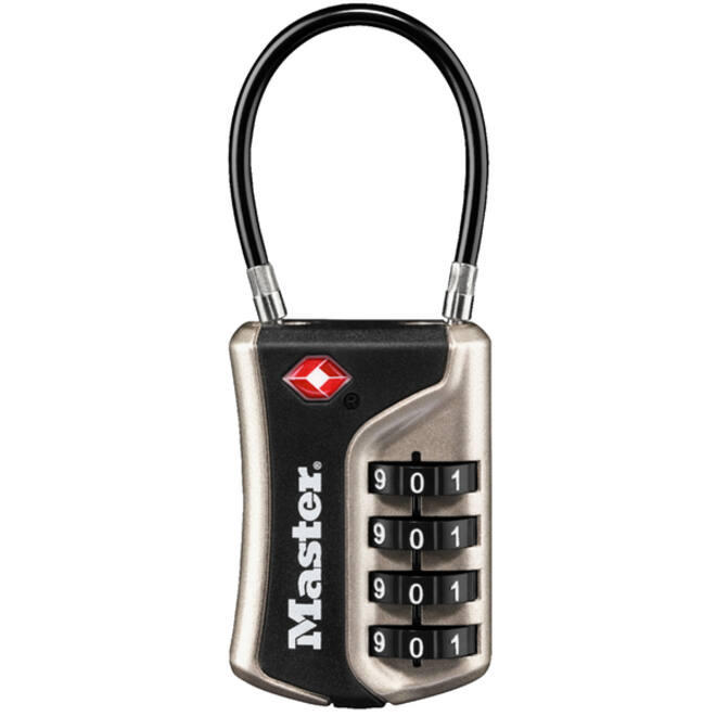 Hangslot Masterlock 4-cijfer combinatie TSA flexibele beugel zwart 35mm