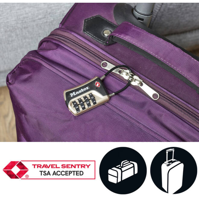 Hangslot Masterlock 4-cijfer combinatie TSA flexibele beugel zwart 35mm