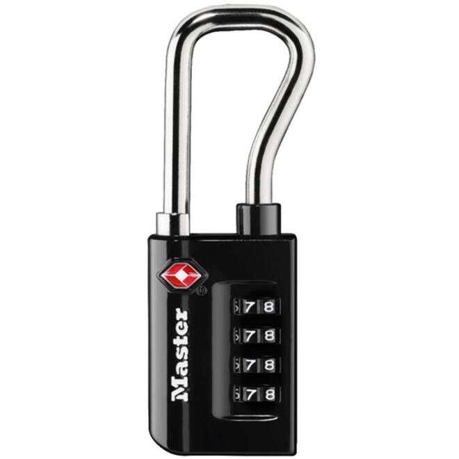 Hangslot Masterlock 4-cijfer combinatie TSA lange beugel zwart 35mm
