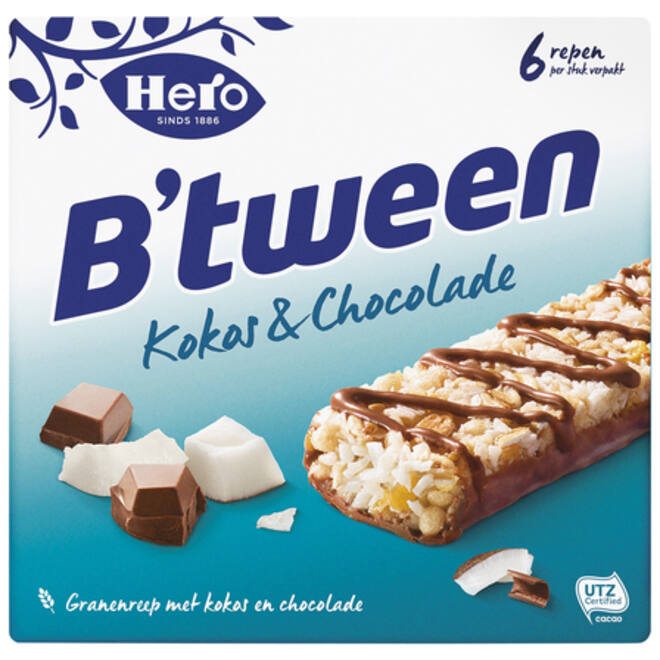 Tussendoortje Hero B'tween kokos chocolade 6pack reep 25gr