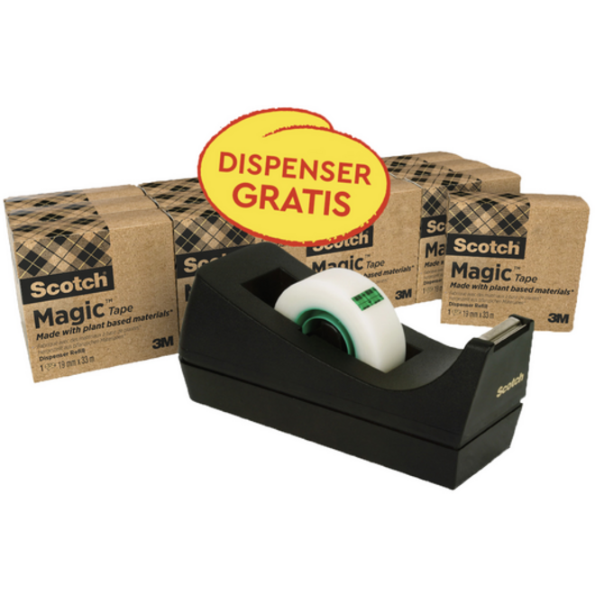 Plakband Scotch Magic 810 19mmx33m transparant 14 rollen + plakbandhouder zwart