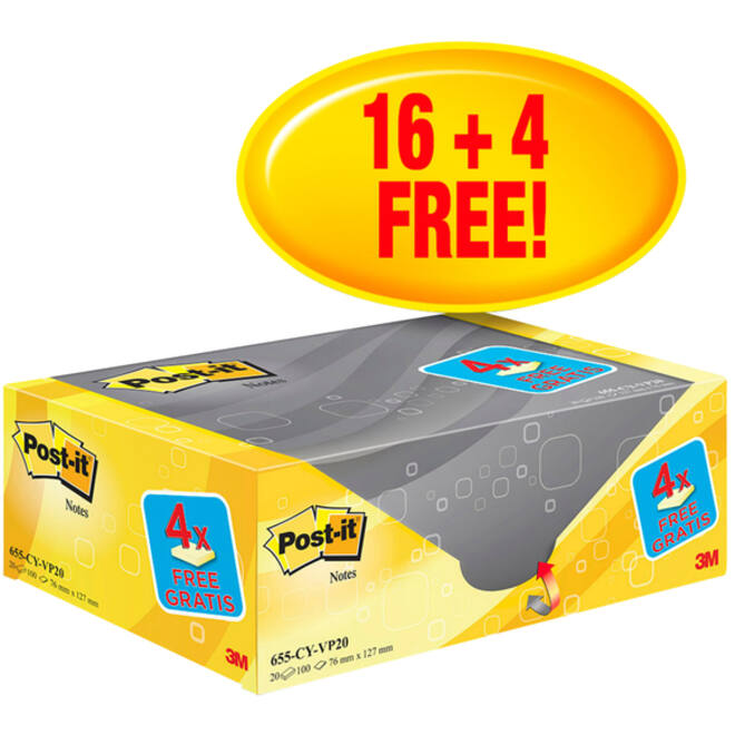 Memoblok 3M Post-it 655 76x127mm geel 16 + 4 gratis
