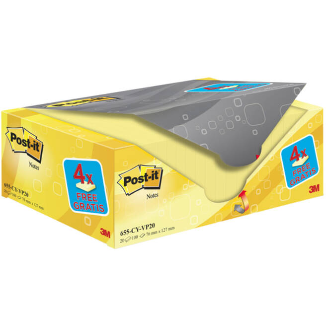 Memoblok 3M Post-it 655 76x127mm geel 16 + 4 gratis