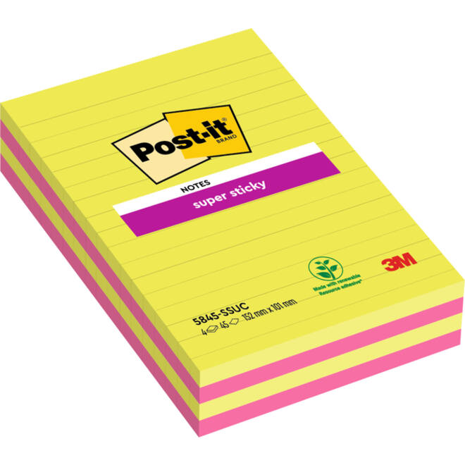 Memoblok 3M Post-it 584 127x203mm Super Sticky lijn assorti kleur