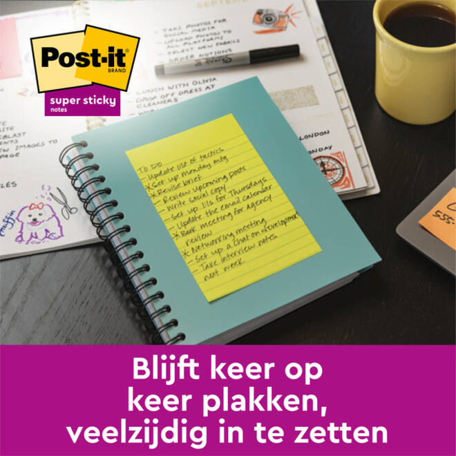 Memoblok 3M Post-it 584 127x203mm Super Sticky lijn assorti kleur