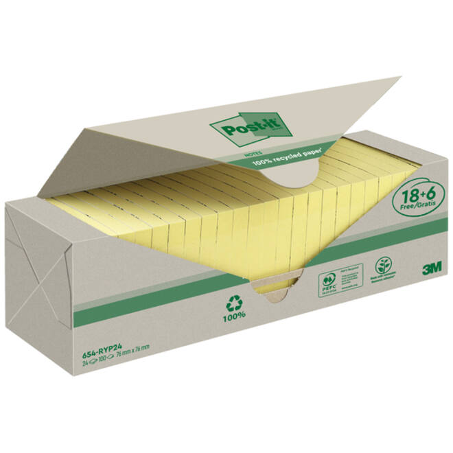 Memoblok 3M Post-it 654 76x76mm recycle geel 18 + 6 gratis