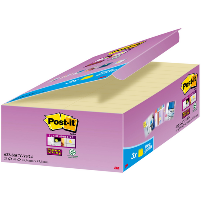 Memoblok 3M Post-it 622 Super Sticky 47.6x47.6mm geel 21 + 3 gratis