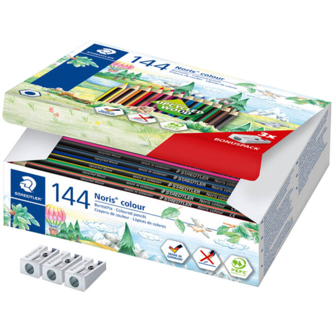Kleurpotloden Staedtler Noris classpack à 144 stuks 12 kleuren + 3 puntenslijpers gratis