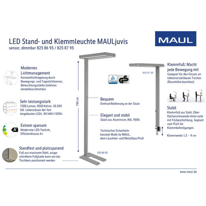 Werkpleklamp tafelklem MAUL Juvis LED beweging- daglichtsensor dimbaar hg 120cm zilver