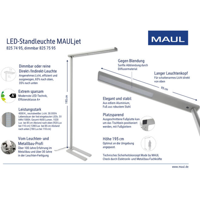 Vloerlamp MAUL Jet LED dimbaar hg 195 cm zilver