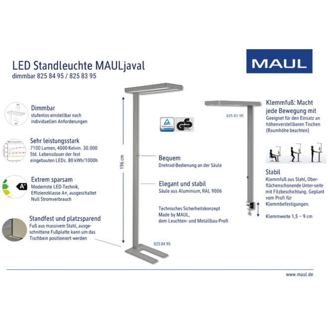 Werkplek tafelklem MAUL Javal LED dimbaar hg 120cm zilver