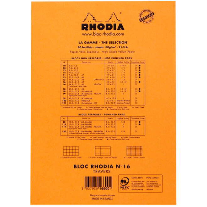 Schrijfblok Rhodia A5 lijn 80 vel 80gr met kantlijn oranje