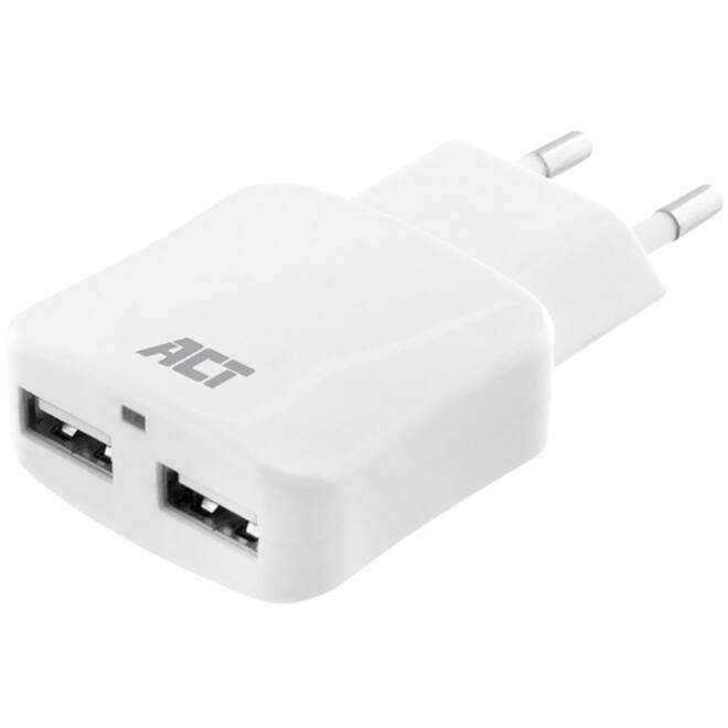 Oplader ACT USB 2 poorts 2.1A 12W wit