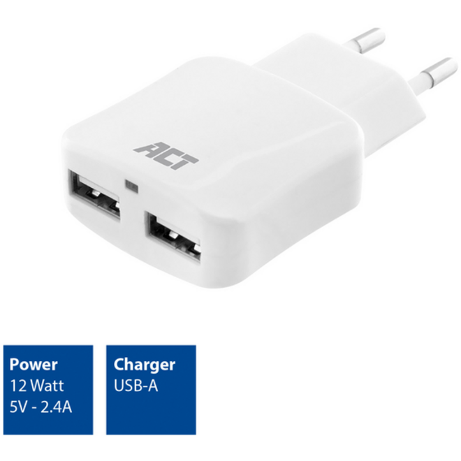 Oplader ACT USB 2 poorts 2.1A 12W wit