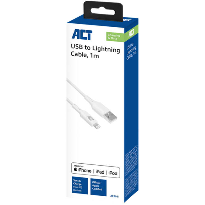 Kabel ACT USB 2.0 naar Lightning laad -en data 1 meter