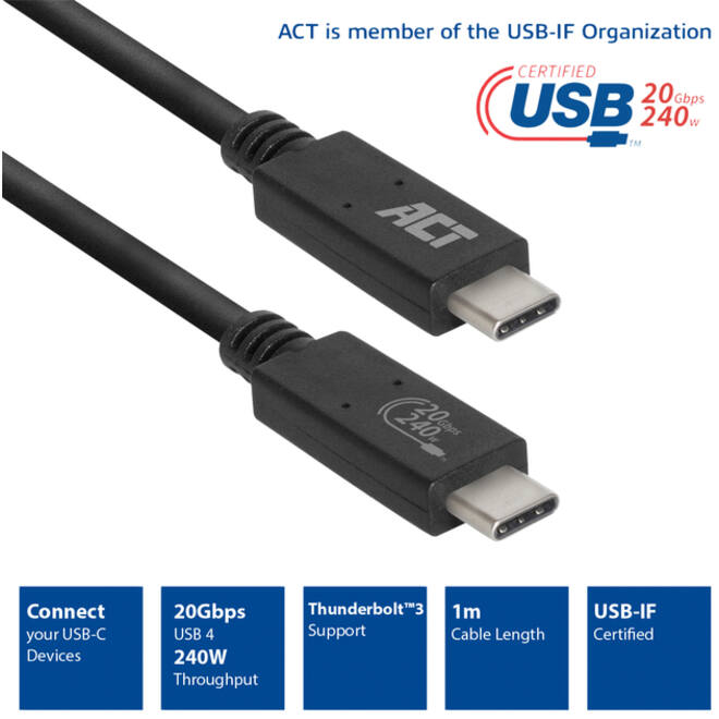 Kabel ACT USB-C USB 4 20Gbps Thunderbolt3 1 meter