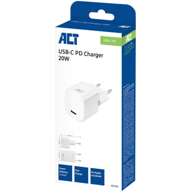 Oplader ACT compact met Powerdelivery 20W wit