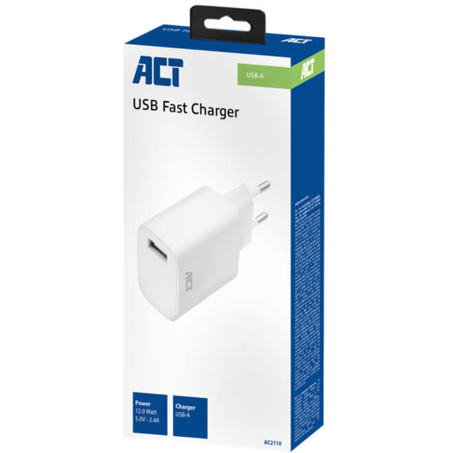 Oplader ACT USB 2.4A 12W wit