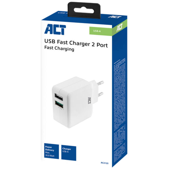 Oplader ACT USB 2 poorts Quickcharge 30W wit