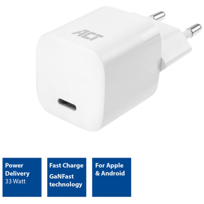 Oplader ACT USB-C compact GaNFast 33W wit
