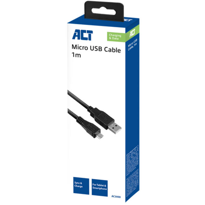 Kabel ACT USB 2.0 naar MicroB laad -en data 1 meter