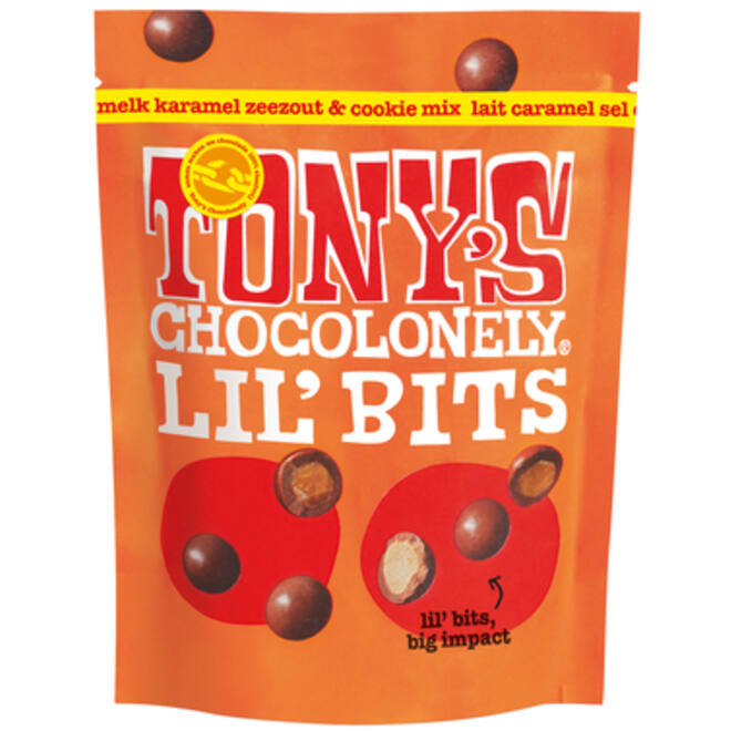 Chocolade Tony's Chocolonely Lil'Bits melk karamel zeezout biscuit 120 gram