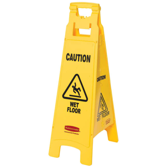 Waarschuwingsbord Rubbermaid vierzijdig Engels 97cm geel