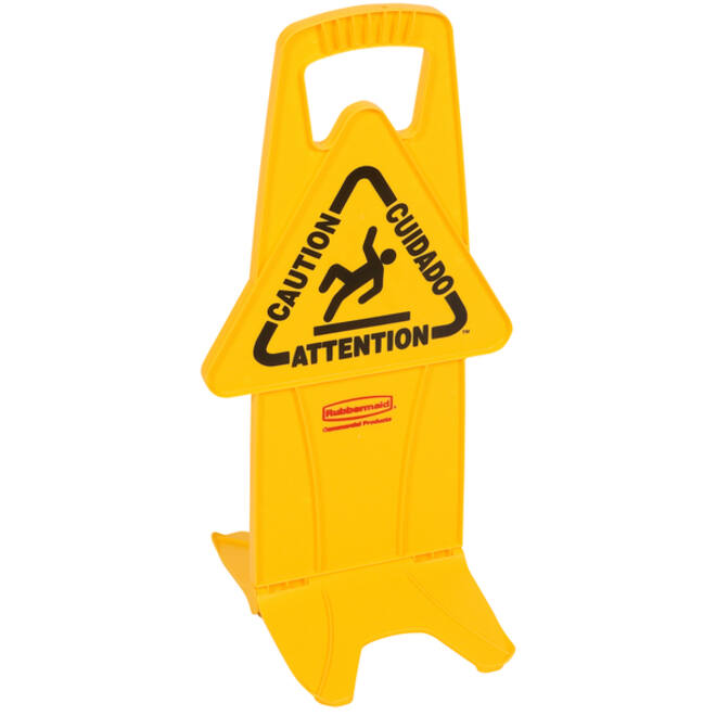 Waarschuwingsbord Rubbermaid tweezijdig meertalig met voet 66cm geel