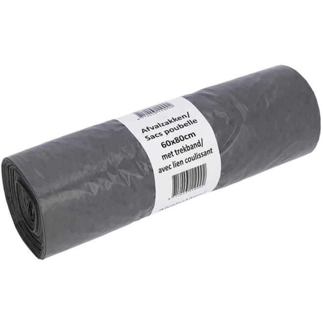 Afvalzak Cleaninq 60x80cm LDPE recycled T30 60L met trekband grijs