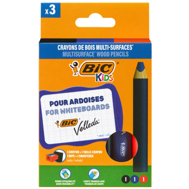 Whiteboardpotlood BicKids Multi Surface inclusief puntenslijper en doekje assorti pak à 3 stuks