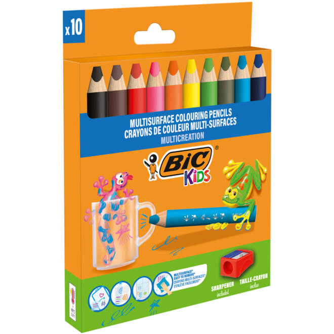Kleurpotloden BicKids Multi Surface inclusief puntenslijper assorti pak à 10 stuks