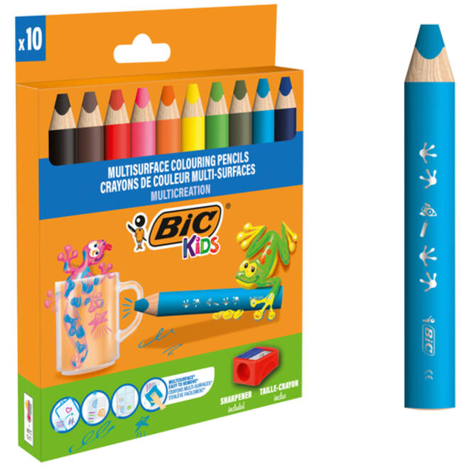 Kleurpotloden BicKids Multi Surface inclusief puntenslijper assorti pak à 10 stuks