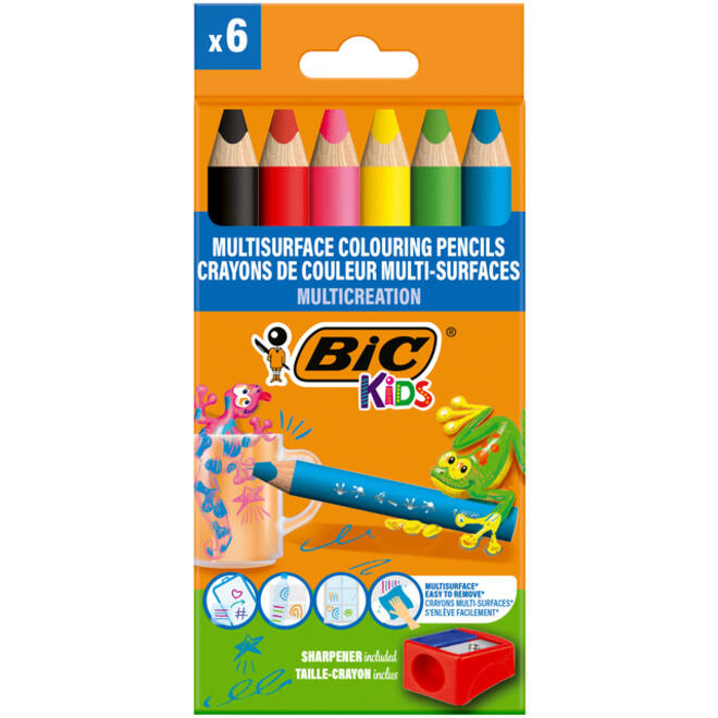 Kleurpotloden BicKids Multi Surface inclusief puntenslijper assorti pak à 6 stuks