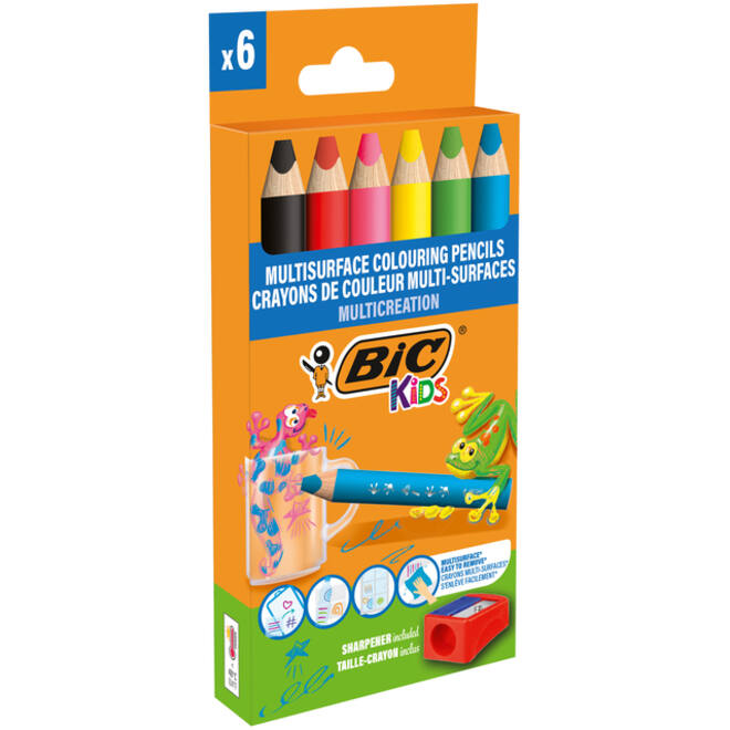 Kleurpotloden BicKids Multi Surface inclusief puntenslijper assorti pak à 6 stuks