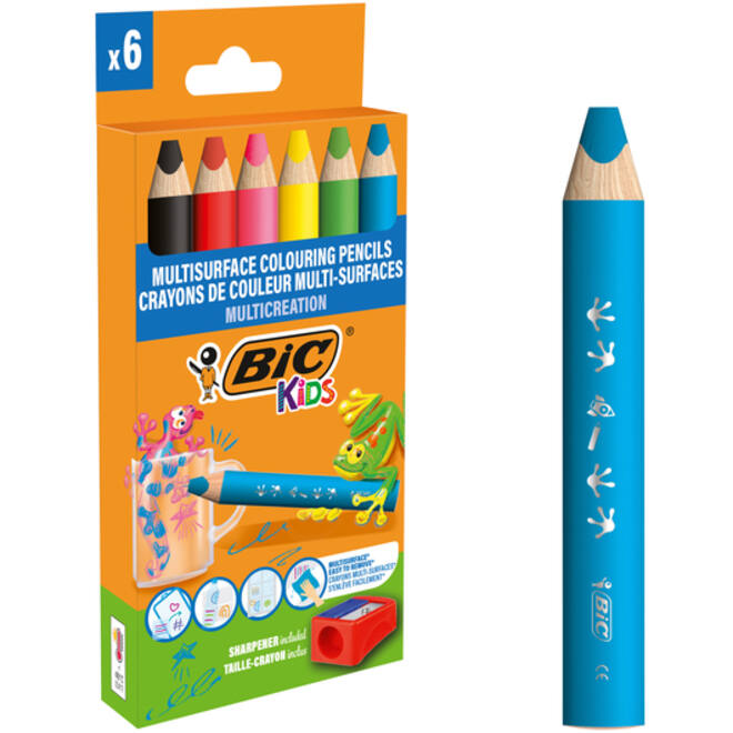 Kleurpotloden BicKids Multi Surface inclusief puntenslijper assorti pak à 6 stuks
