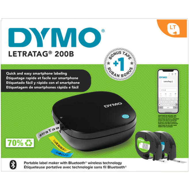 Labelprinter Dymo LetraTag 200B draagbaar bluetooth 12mm zwart promopack