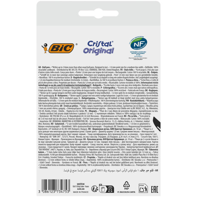 Balpen Bic Cristal medium zwart blister à 10 stuks